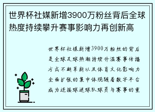 世界杯社媒新增3900万粉丝背后全球热度持续攀升赛事影响力再创新高
